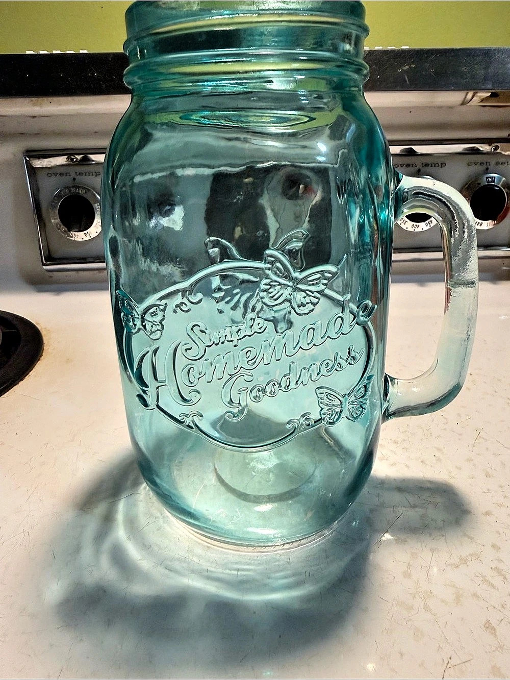 Pioneer Woman Teal 32 oz Mason Jar Glass Mug – Embossed Butterflies